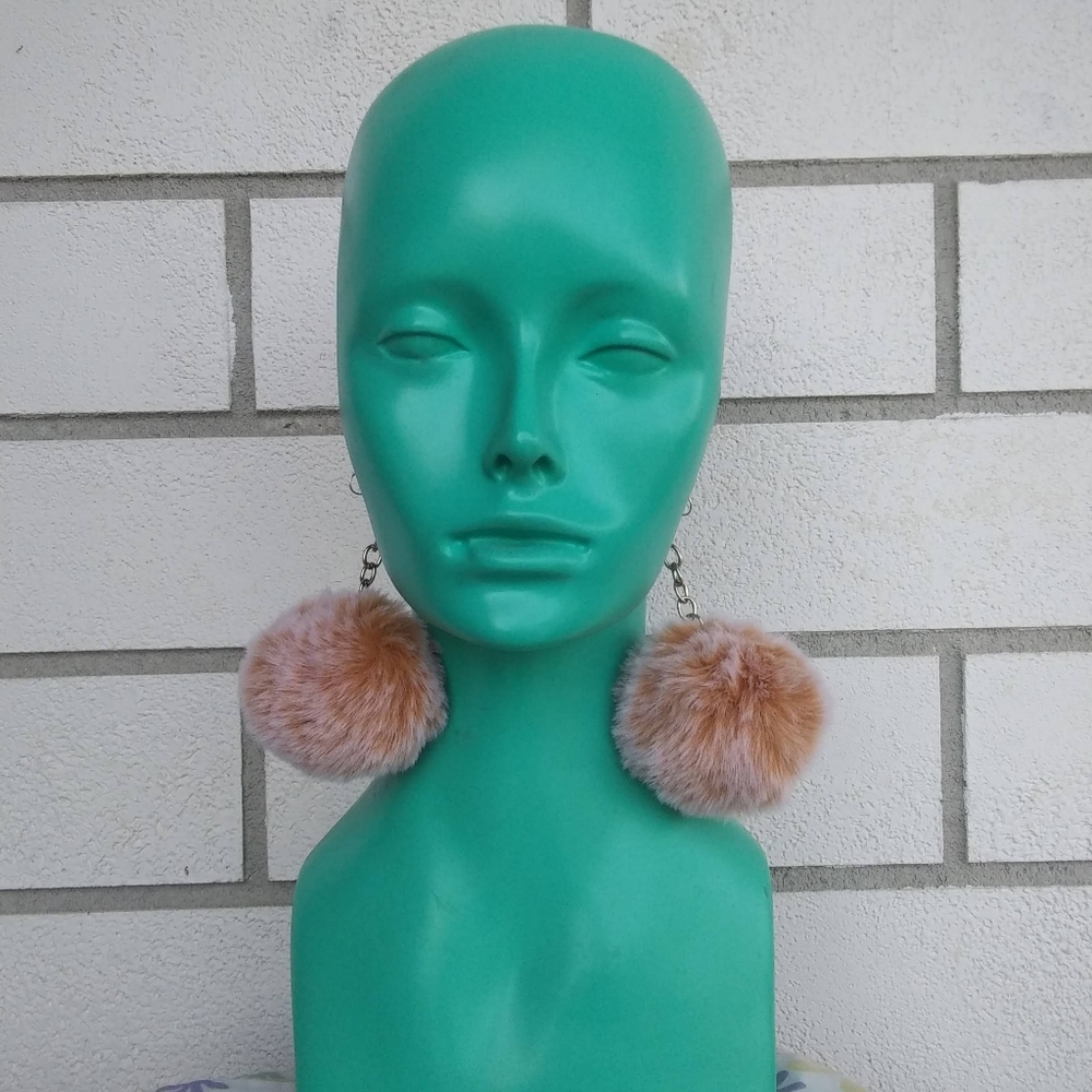Caramel White Fluffy Puff Pompom Earrings